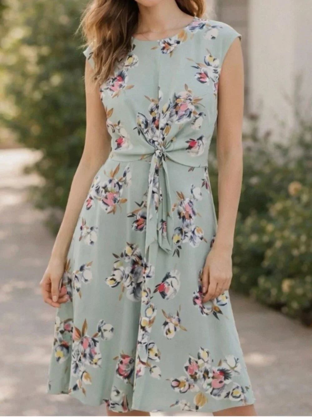 Lauren Ralph Lauren Black Label Floral Crepe Midi Dress Size 4P Green Pink Tie - Picture 1 of 8